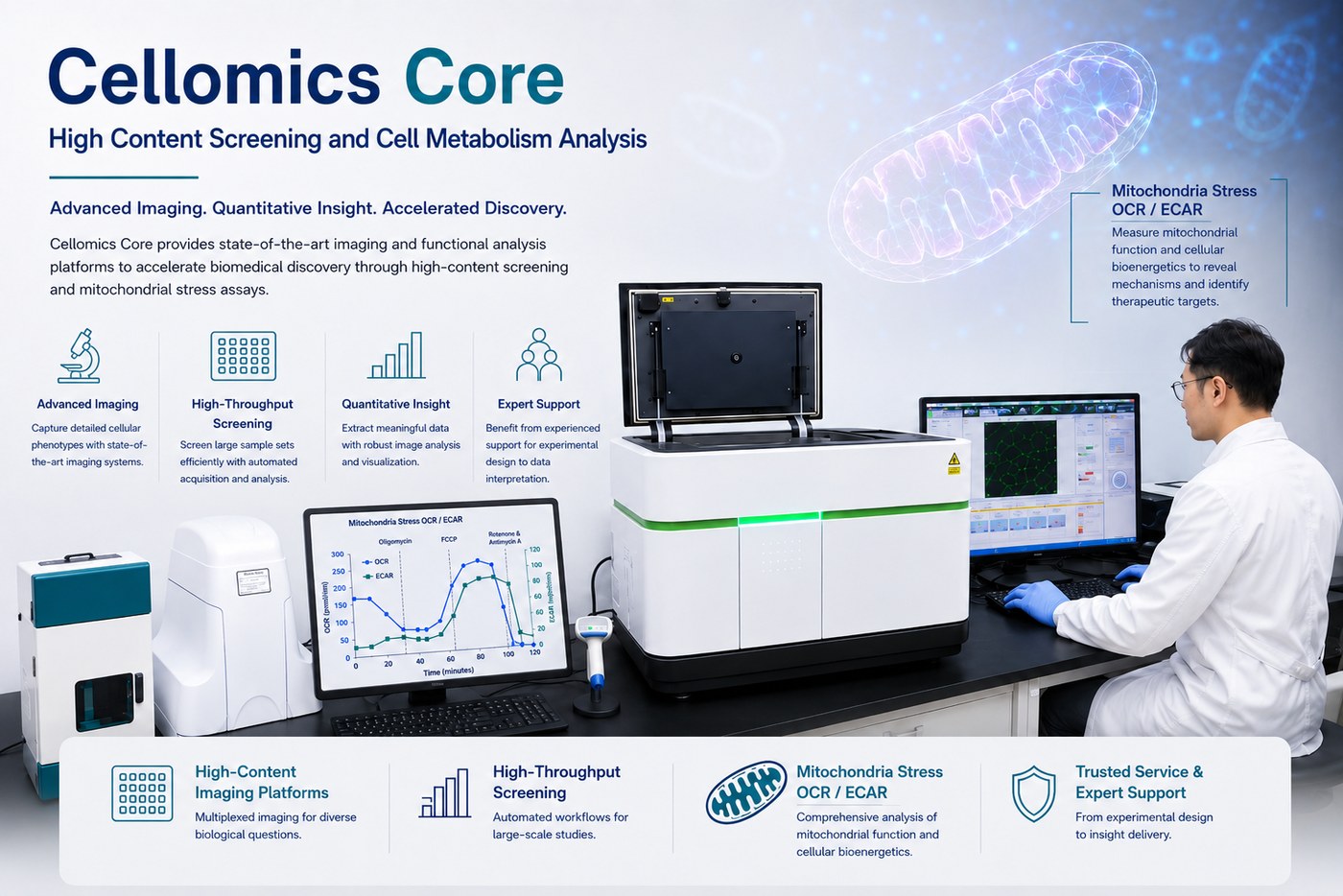 Cellomics Core &mdash; High Content Screening 및 세포 대사 분석 인포그래픽 배너